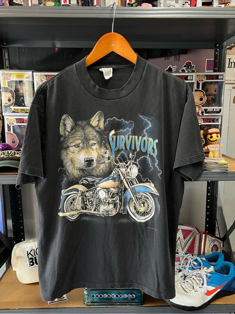 Vintage 90s Survivors Motorcycle Wolf CMJ Sportswear 3D Emblem Single Stitch Tee